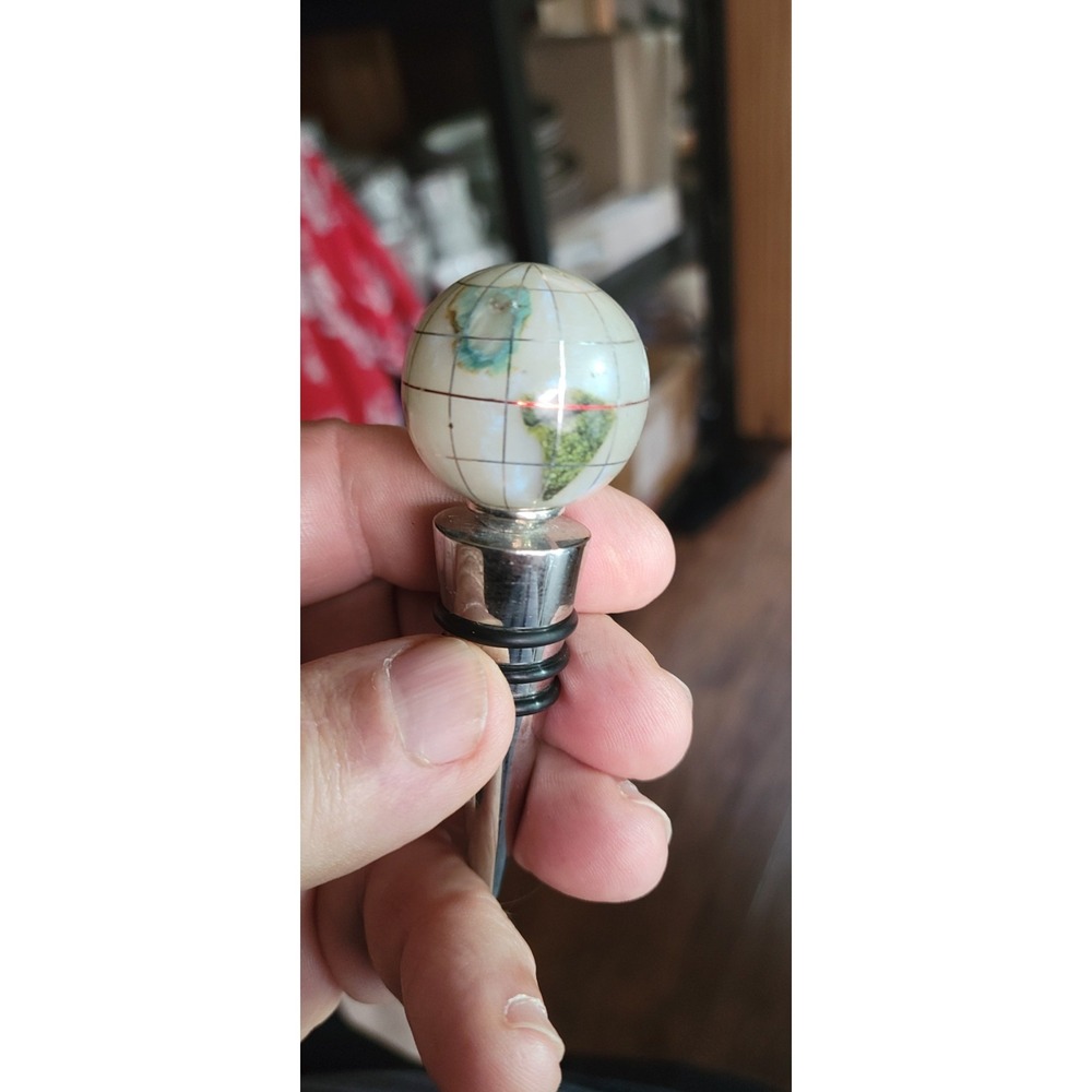 Kalifano Inlaid Semiprecious Gemstone Globe Wine Bottle Stopper Silver Tone